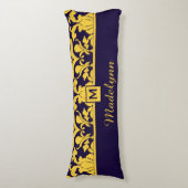 Navy Goud Damast Monogram Persoonlijke Naam Lichaamskussen (Voorkant Verticaal)