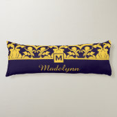 Navy Goud Damast Monogram Persoonlijke Naam Lichaamskussen (Voorkant)
