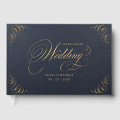 Navy goud elegante kalligrafie bruiloft gastenboek (Voorkant)