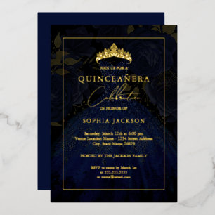Navy Goud Elegante Roze Jurk Quinceanera Folie Uitnodiging