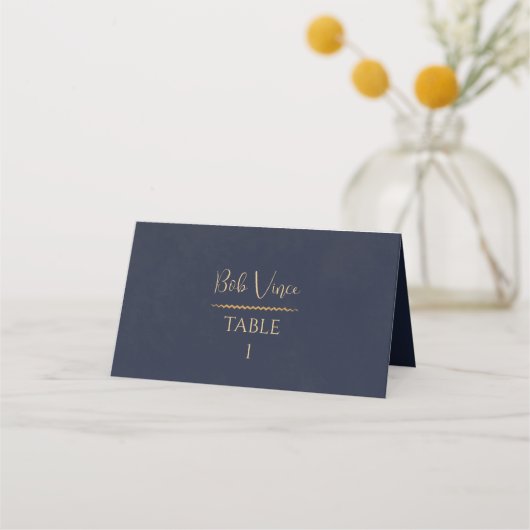 Navy & Goud Fluwelen Luxe Trouwscript Botanisch Plaatskaartje (Voorkant)