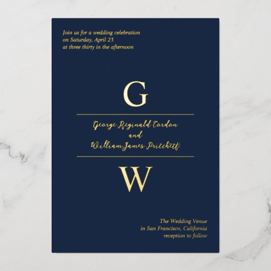 Navy & Goud Folie Initialen Informele Bruiloft Uitnodiging (Voorkant)
