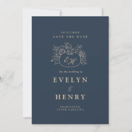 Navy Goud Herfst Monogram Save the Date Kaart