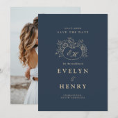 Navy Goud Herfst Monogram Save the Date Kaart (Voorkant / Achterkant)