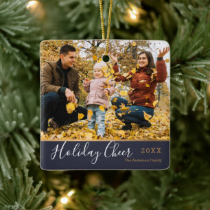 Navy Goud Kerstvreugde Familie Foto Keramisch Ornament