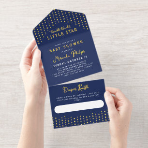 Navy Goud Kleine Ster Baby Shower Luier Raffle All In One Uitnodiging