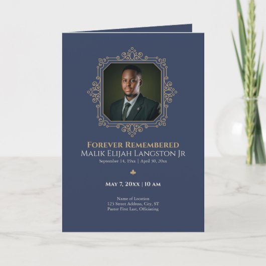 Navy & Goud Koninklijk Thema Foto Funeral Programm (Voorkant)