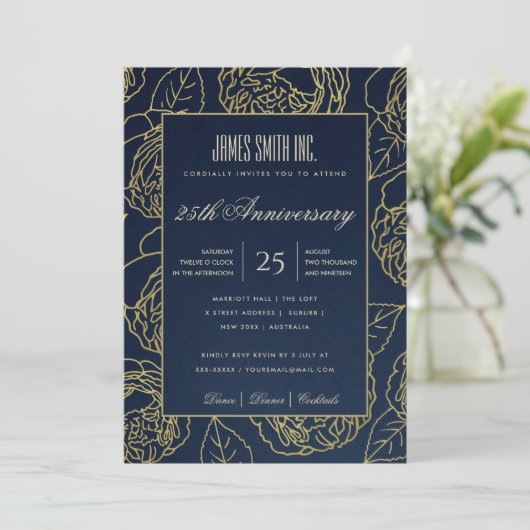 NAVY GOUD KUNST ROOS FLORALE ZAKELIJKE FEESTELIJKH KAART (Staand voorkant)