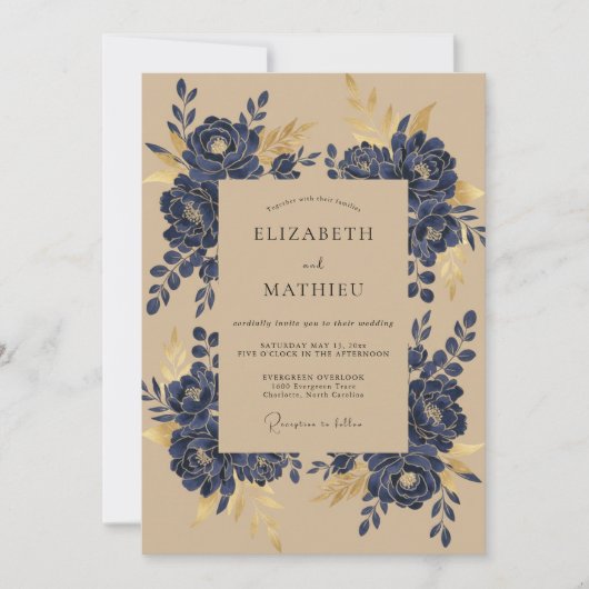 Navy Goud Magnolia Bruiloft Kaart (Voorkant)