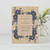 Navy Goud Magnolia Bruiloft Kaart (Staand voorkant)