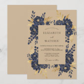 Navy Goud Magnolia Bruiloft Kaart (Voorkant / Achterkant)