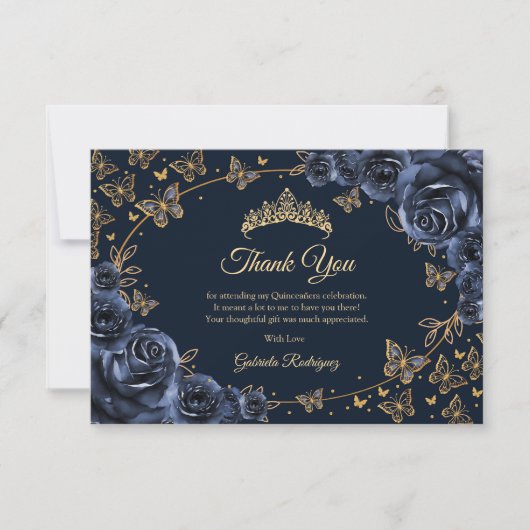 Navy Goud Quinceanera Bedankkaart (Voorkant)