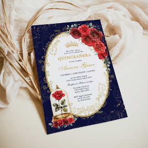 Navy Goud Quinceañera Betoverde Rode Rozen Feest Kaart