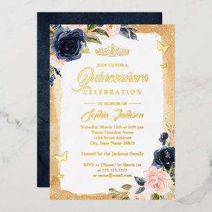 Navy Goud Quinceanera Bloemenkroon Tiara  Folie Uitnodiging
