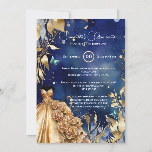 Navy goud Quinceañera vlinder balgons bloemen Kaart (Voorkant)