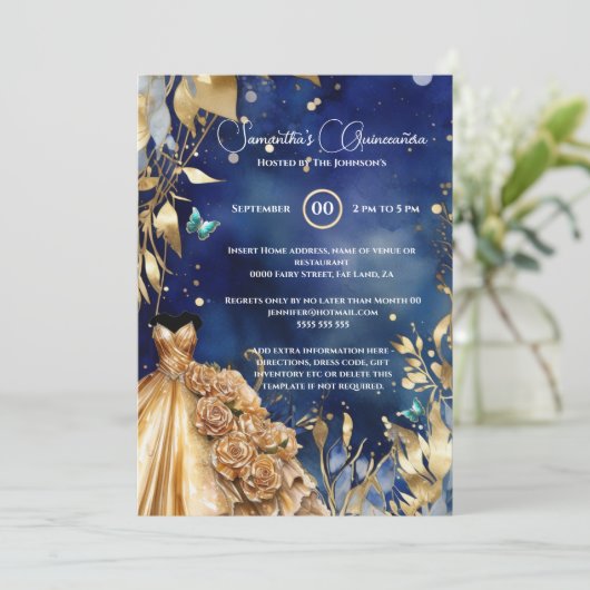 Navy goud Quinceañera vlinder balgons bloemen Kaart (Staand voorkant)