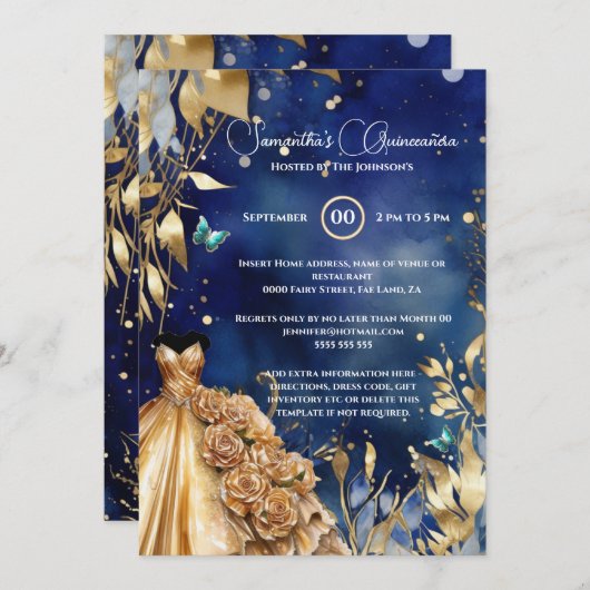 Navy goud Quinceañera vlinder balgons bloemen Kaart (Voorkant / Achterkant)