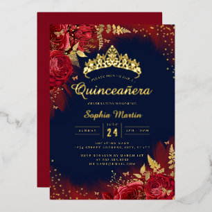 Navy Goud Rode Vlinder Bloemige Quinceanera  Folie Uitnodiging