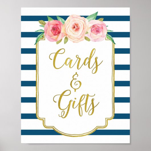 Navy Goud Roze Aquarel Bloemkaarten Cadeaus Bord Poster (Voorkant)