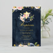 Navy Goud Roze Bloem Doop Folie Uitnodiging (Staand Voorkant)