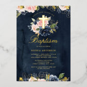 Navy Goud Roze Bloemen Doop Folie Uitnodiging (Voorkant)