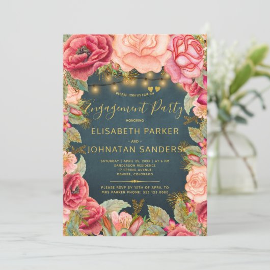 Navy goud roze rozen lichten verlovingsfeest kaart (Staand voorkant)