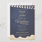 Navy Goud Rustieke Chique Floral String Lights Bru Kaart (Voorkant)