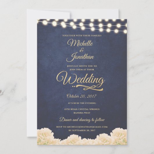 Navy Goud Rustieke Chique Floral String Lights Bru Kaart (Voorkant)