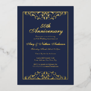 Navy Goud Swirl 50ste Huwelijksjubileum Folie Uitnodiging