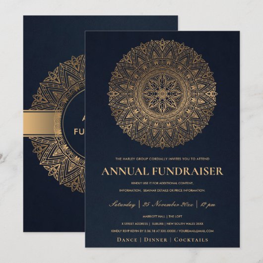 NAVY GOUD VERFRAAID MANDALA BEDRIJFSEVENEMENT KAART (Voorkant / Achterkant)