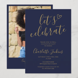 Navy Goud Vier Script Foto Afstudeerfeest Kaart