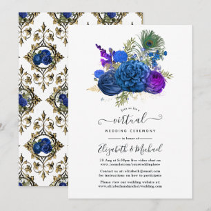 Navy & Goud Vintage Pauw Bloem Virtueel Huwelijk Kaart