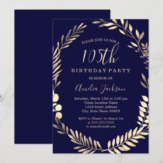 Navy Goud Waterverf Krans 105e Verjaardag Kaart (Voorkant / Achterkant)