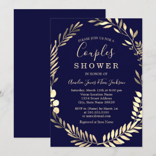 Navy Goud Waterverf Krans Koppels Bruisparty Kaart