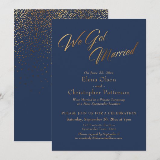 Navy & Goud We Zijn Getrouwd Confetti Ontvangst Kaart (Voorkant / Achterkant)