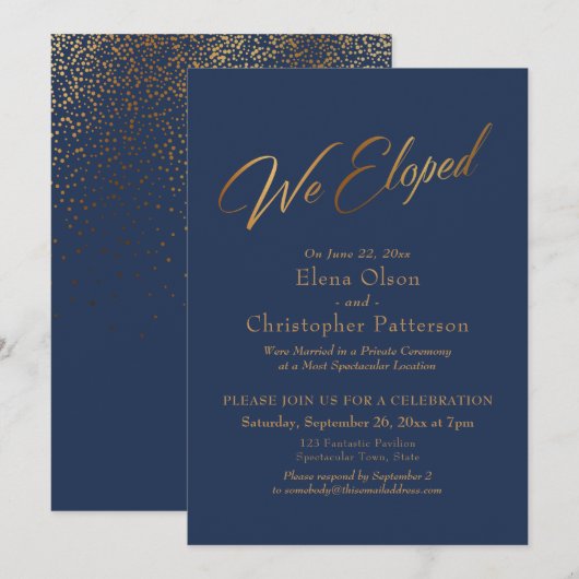 Navy & Goud We Zijn Gevlucht Script Confetti Ontva Kaart (Voorkant / Achterkant)