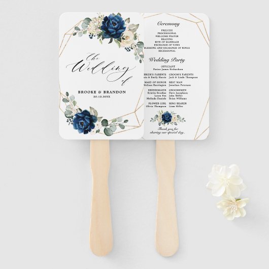 Navy Goud Wit Champagne Ivoor Geometrisch Programm Handwaaier (Voorkant en achterkant)