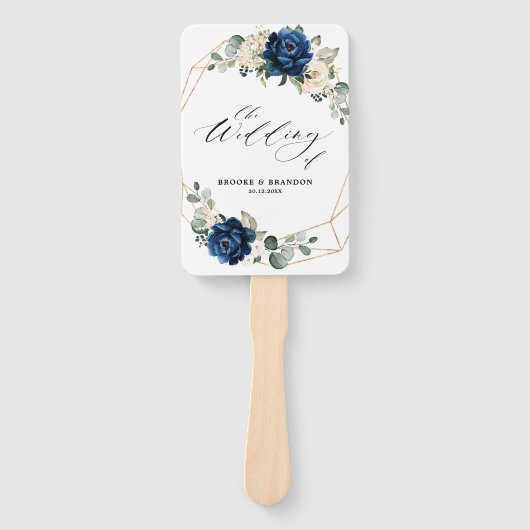 Navy Goud Wit Champagne Ivoor Geometrisch Programm Handwaaier (Voorkant)