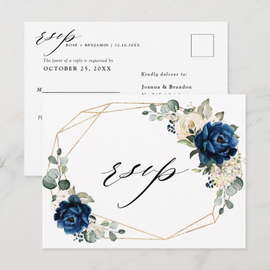 Navy Goud Wit Champagne Ivoor Geometrische RSVP Briefkaart (Voorkant / Achterkant)