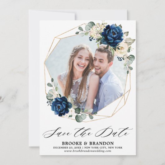 Navy Goud Wit Champagne Ivoor Roos Save The Date (Voorkant)