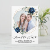 Navy Goud Wit Champagne Ivoor Roos Save The Date (Staand voorkant)