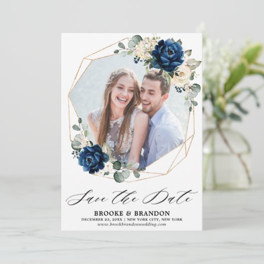 Navy Goud Wit Champagne Ivoor Roos Save The Date (Staand voorkant)