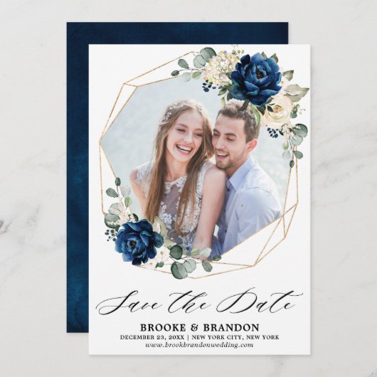 Navy Goud Wit Champagne Ivoor Roos Save The Date (Voorkant / Achterkant)