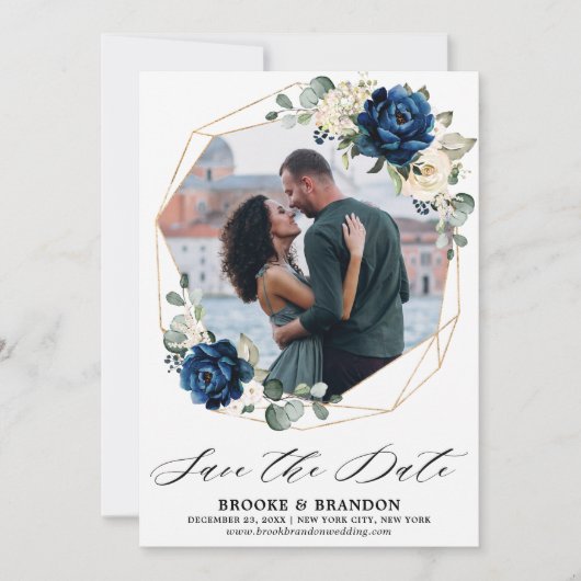 Navy Goud Wit Champagne Ivoor Roos Save The Date (Voorkant)