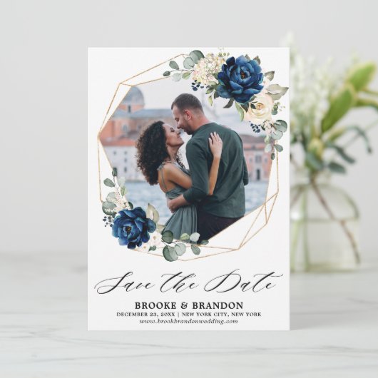 Navy Goud Wit Champagne Ivoor Roos Save The Date (Staand voorkant)