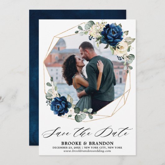 Navy Goud Wit Champagne Ivoor Roos Save The Date (Voorkant / Achterkant)