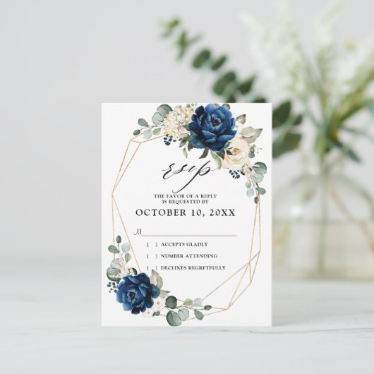 Navy Goud Wit Champagne Ivoor Rozen Bruiloft RSVP Briefkaart (Staand voorkant)