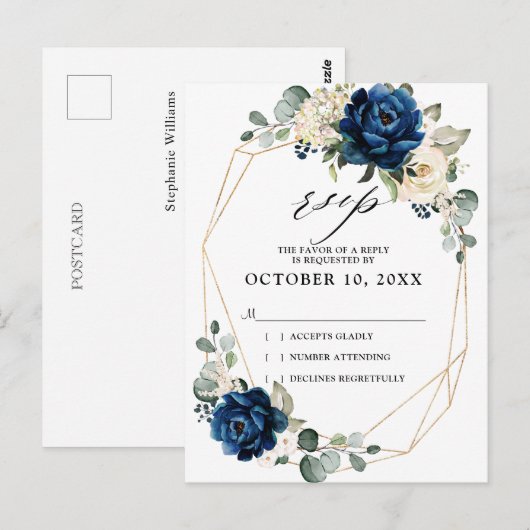 Navy Goud Wit Champagne Ivoor Rozen Bruiloft RSVP Briefkaart (Voorkant / Achterkant)