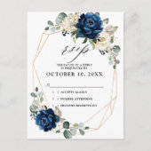 Navy Goud Wit Champagne Ivoor Rozen Bruiloft RSVP Briefkaart (Voorkant)