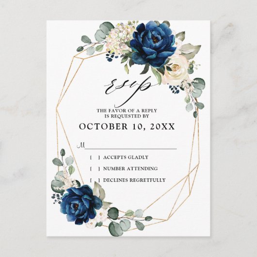 Navy Goud Wit Champagne Ivoor Rozen Bruiloft RSVP Briefkaart (Voorkant)